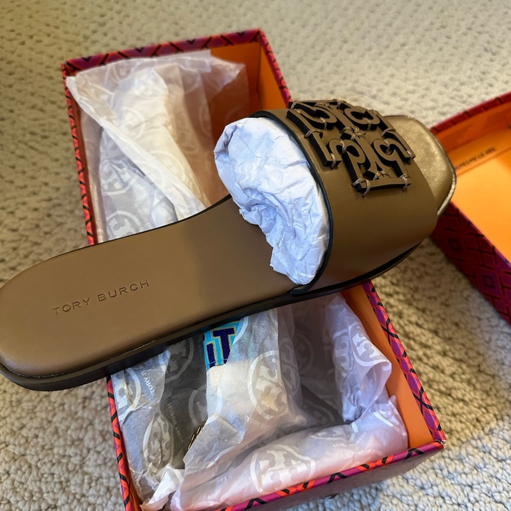 Tory Burch Brown Logo Slide Sandals